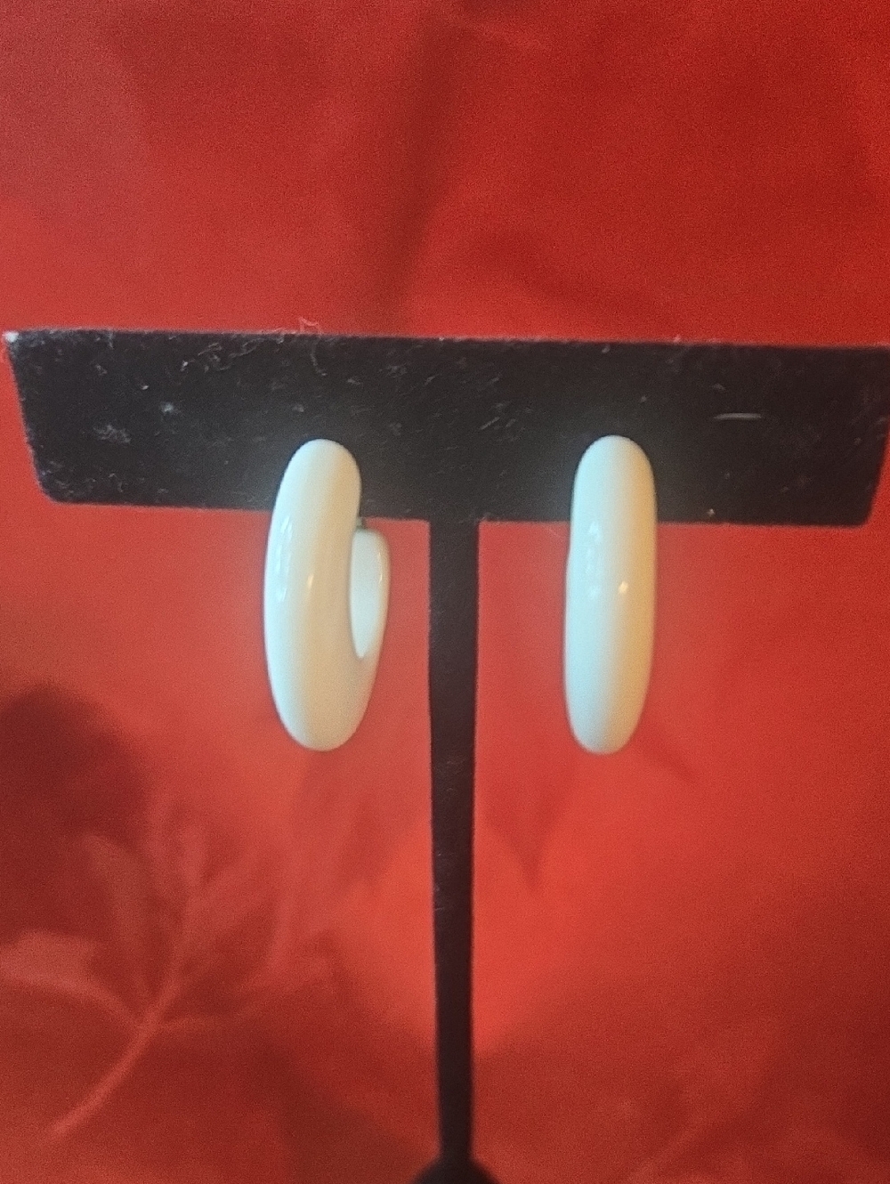 Vintage White Resin Hoop Earrings Marked Hong Kong